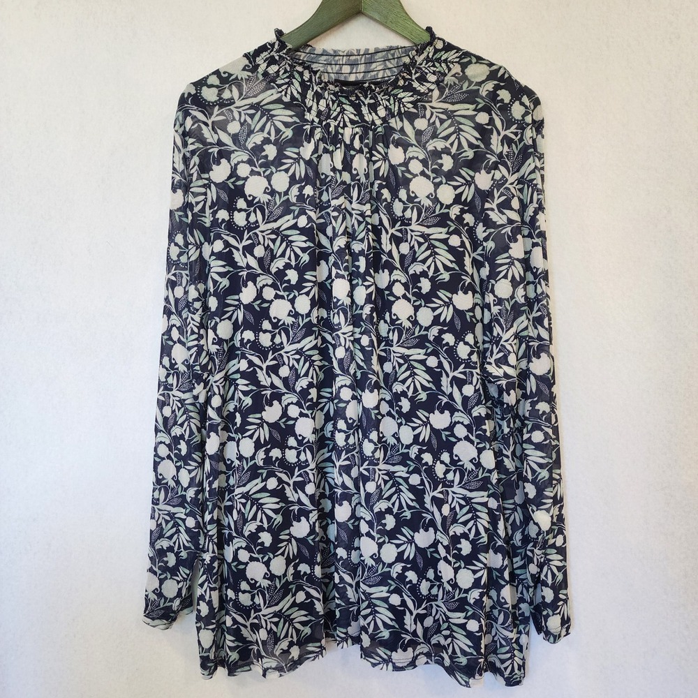 Lane Bryant Women Plus 26/28 Navy Floral Sheer Mesh Smocked Mock Neck Blouse Top